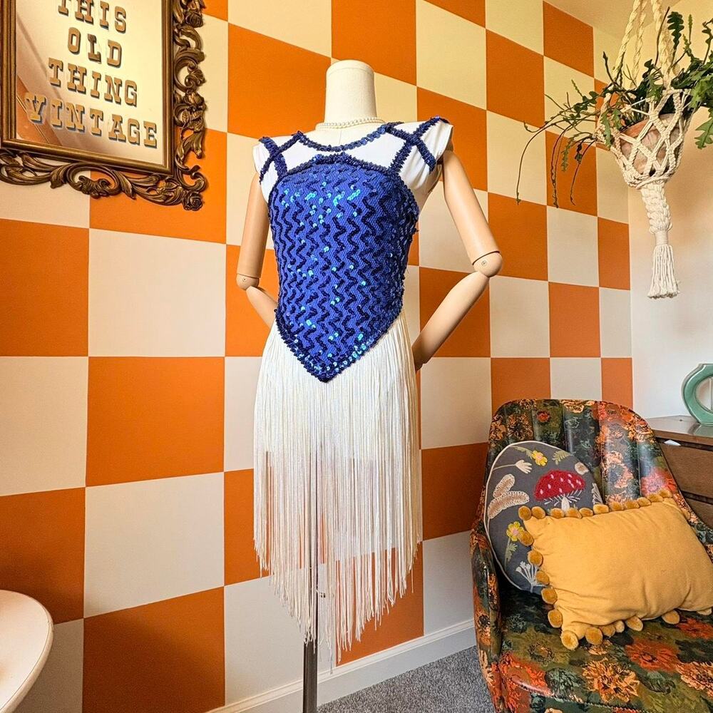 80s Vintage Blue and White Sequin and Fringe Showgirl Costume
